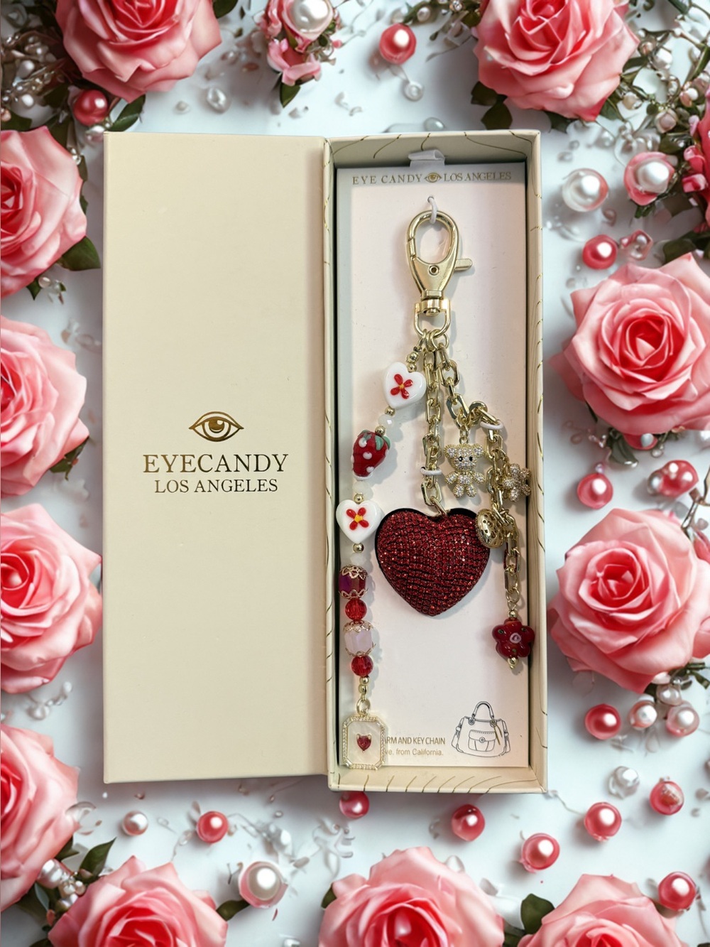 ♥️EYE CANDY♥️Red Heart Flower Teddy Bear Keychain/Bag Charm/NIB